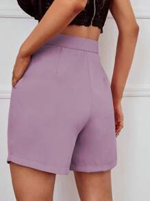 SHEIN Frenchy Quần đùi nữ Nút Túi màu trơn Giải trí - Màu tím hoa cà - Xem 2