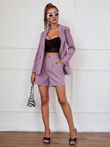 SHEIN Frenchy Quần đùi nữ Nút Túi màu trơn Giải trí - Màu tím hoa cà - Xem 3