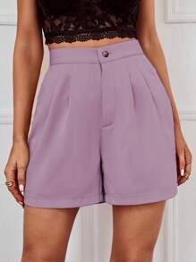 SHEIN Frenchy Quần đùi nữ Nút Túi màu trơn Giải trí - Màu tím hoa cà - Xem 4