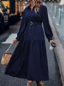 EMERY ROSE 灯笼袖荷叶边下摆系带衬衫裙长款女装