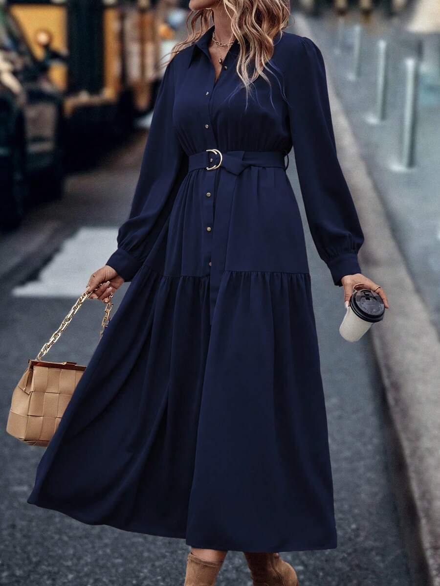 EMERY ROSE 灯笼袖荷叶边下摆系带衬衫裙长款女装