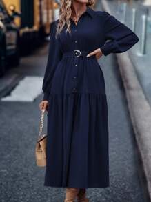 EMERY ROSE 灯笼袖荷叶边下摆系带衬衫裙长款女装