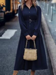 EMERY ROSE 灯笼袖荷叶边下摆系带衬衫裙长款女装