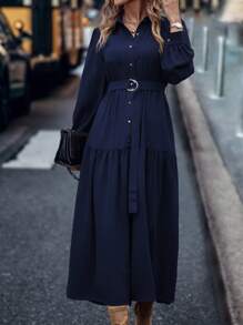 EMERY ROSE 灯笼袖荷叶边下摆系带衬衫裙长款女装