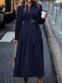 EMERY ROSE 灯笼袖荷叶边下摆系带衬衫裙长款女装