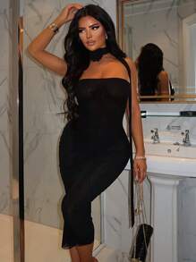 Mesh Tube Dress With Stereo Floral Choker - Black - View 1
