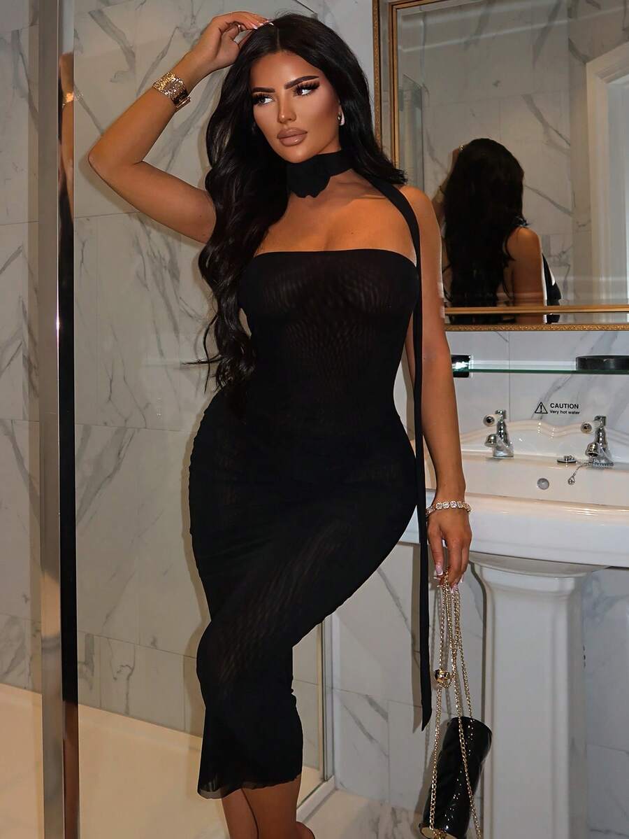 Mesh Tube Dress With Stereo Floral Choker - Black - View 1