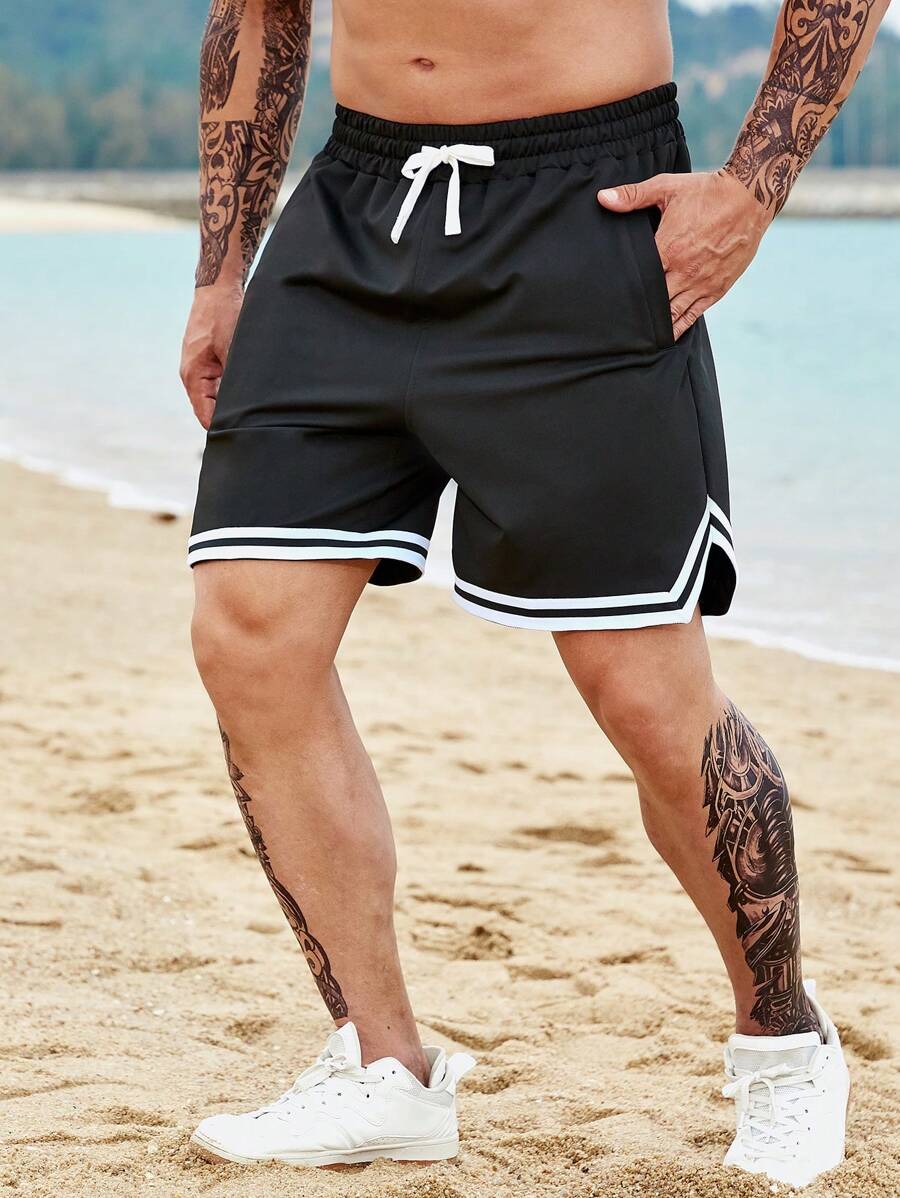 Aesthetic Post--Men Plus Striped Trim Drawstring Waist Shorts - Black - View 1