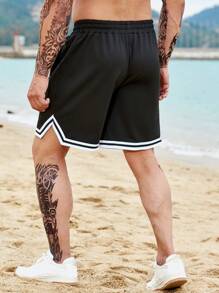 Aesthetic Post--Men Plus Striped Trim Drawstring Waist Shorts - Black - View 2