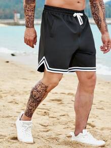 Aesthetic Post--Men Plus Striped Trim Drawstring Waist Shorts - Black - View 3