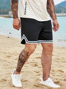 Aesthetic Post--Men Plus Striped Trim Drawstring Waist Shorts - Black - View 6