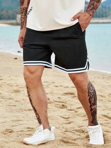 Aesthetic Post--Men Plus Striped Trim Drawstring Waist Shorts - Black - View 7