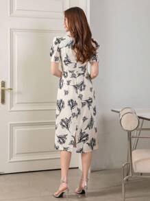 DAZY Floral Print Square Neck Puff Sleeve Dress - Beige - View 2