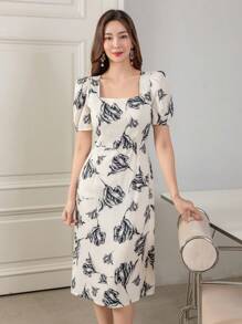 DAZY Floral Print Square Neck Puff Sleeve Dress - Beige - View 3