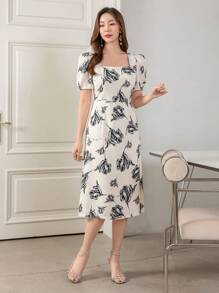 DAZY Floral Print Square Neck Puff Sleeve Dress - Beige - View 4