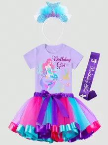 Trang phục tiệc cho bé gái Nơ Bướm Tương phản Mesh Hoạt hình Lá thư - Nhiều màu - Xem 1