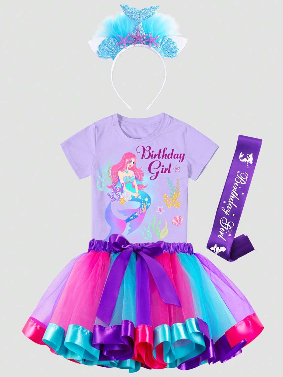 Trang phục tiệc cho bé gái Nơ Bướm Tương phản Mesh Hoạt hình Lá thư - Nhiều màu - Xem 1