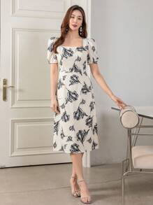 DAZY Floral Print Square Neck Puff Sleeve Dress - Beige - View 5