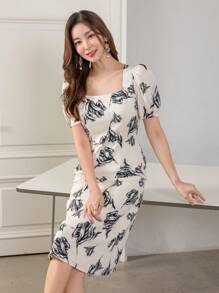 DAZY Floral Print Square Neck Puff Sleeve Dress - Beige - View 7