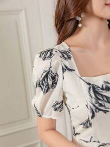 DAZY Floral Print Square Neck Puff Sleeve Dress - Beige - View 8