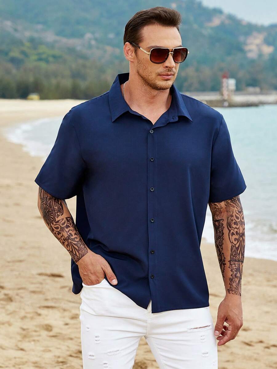 Manfinity Homme Hombres Camisa unicolor con botón