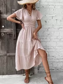 Breezaya Vestido de cuello cruzado de cintura fruncido bajo con fruncido - Albaricoque - Ver 4