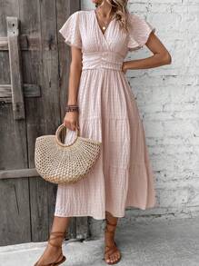 Breezaya Vestido de cuello cruzado de cintura fruncido bajo con fruncido - Albaricoque - Ver 5