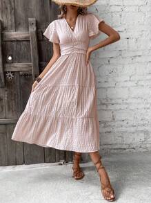 Breezaya Vestido de cuello cruzado de cintura fruncido bajo con fruncido - Albaricoque - Ver 6