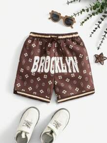 SHEIN 小男童字母圖案腰部抽繩短褲 - 咖啡棕 - 查看 1