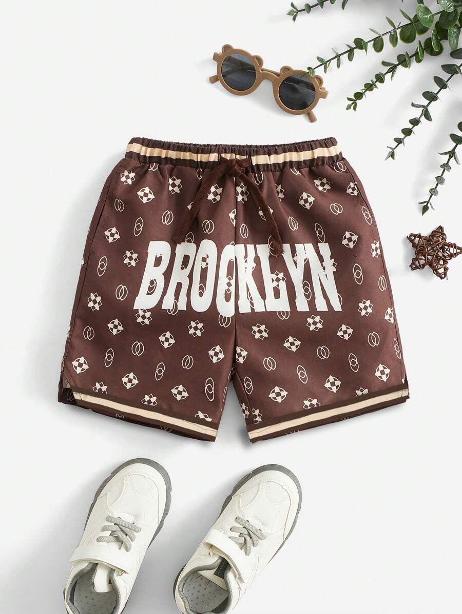 SHEIN 小男童字母圖案腰部抽繩短褲 - 咖啡棕 - 查看 1