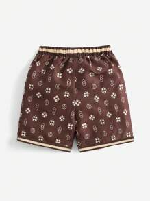 SHEIN 小男童字母圖案腰部抽繩短褲 - 咖啡棕 - 查看 2