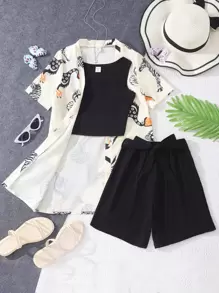 SHEIN Teen Girls Crop Tank Top & Shorts & Animal Print Blouse - Multicolor - View 1