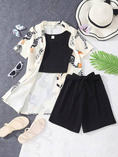 SHEIN Chicas adolescentes Top tank crop & Shorts & con estampado de animal Blusa