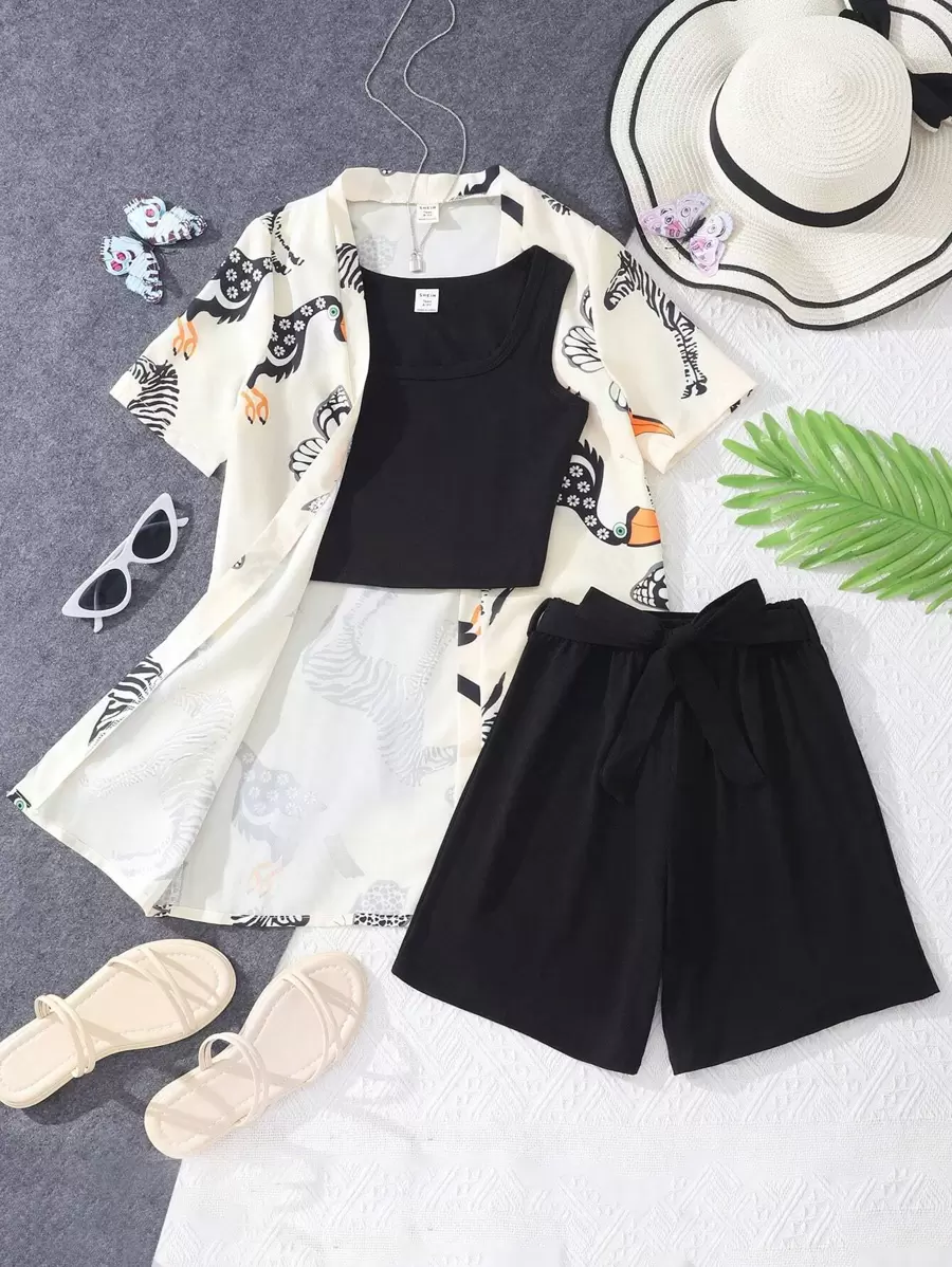 SHEIN Teen Girls Crop Tank Top & Shorts & Animal Print Blouse - Multicolor - View 1
