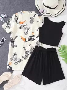SHEIN Teen Girls Crop Tank Top & Shorts & Animal Print Blouse - Multicolor - View 2