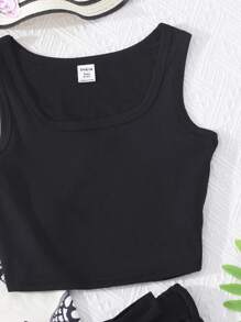 SHEIN Teen Girls Crop Tank Top & Shorts & Animal Print Blouse - Multicolor - View 4
