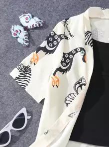 SHEIN Teen Girls Crop Tank Top & Shorts & Animal Print Blouse - Multicolor - View 5