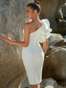One Shoulder Exaggerated Ruffle Trim Split Back Bandage Dress - White - View 2