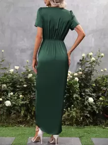 SHEIN Belle Đầm Maxi Satin Quấn Thắt Nút Bên Hông Trang Phục Nữ - Màu xanh lá cây đậm - Xem 2