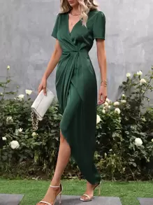 SHEIN Belle Đầm Maxi Satin Quấn Thắt Nút Bên Hông Trang Phục Nữ - Màu xanh lá cây đậm - Xem 4