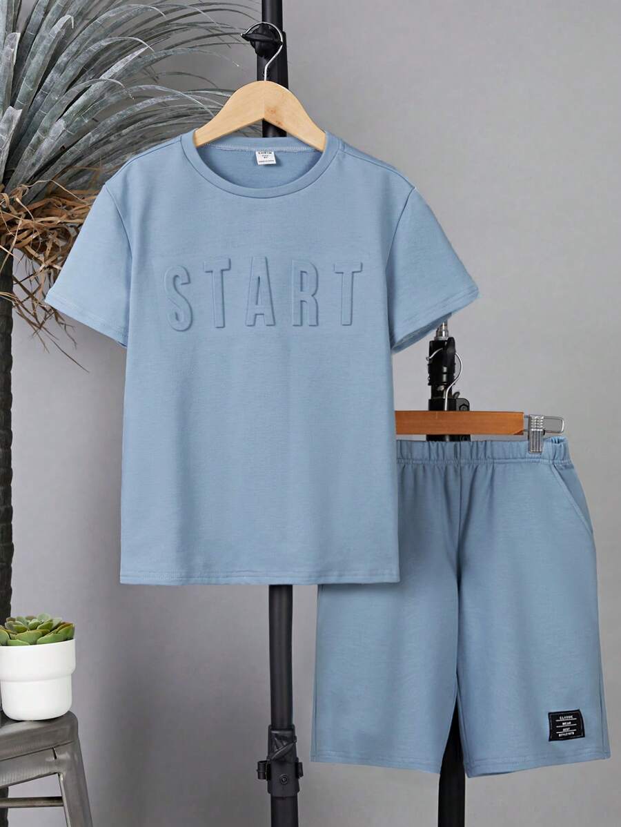 SHEIN Bộ hai mảnh Trai Túi Đắp vá Lá thư Giải trí - Màu xanh nhạt - Xem 1