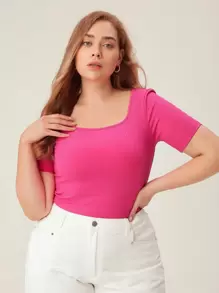 SHEIN BASICS Plus 純色低圓領 T 卹 - 玫紅色 - 查看 1
