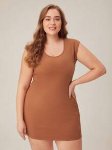 SHEIN BASICS 大碼素色緊身連衣裙 - 棕色 - 查看 1