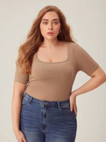 SHEIN BASICS Plus Solid Ribbed Knit Tee - Mocha Brown - View 1