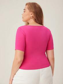 SHEIN BASICS Plus 純色低圓領 T 卹 - 玫紅色 - 查看 2