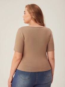 SHEIN BASICS Plus Solid Ribbed Knit Tee - Mocha Brown - View 2
