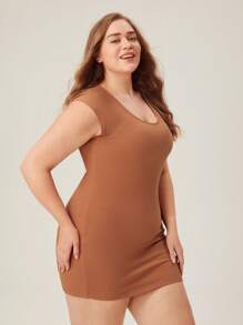 SHEIN BASICS 大碼素色緊身連衣裙 - 棕色 - 查看 3