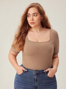 SHEIN BASICS Plus Solid Ribbed Knit Tee - Mocha Brown - View 3