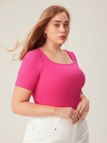 SHEIN BASICS Plus 純色低圓領 T 卹 - 玫紅色 - 查看 4