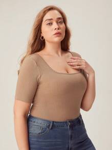 SHEIN BASICS Plus Solid Ribbed Knit Tee - Mocha Brown - View 4